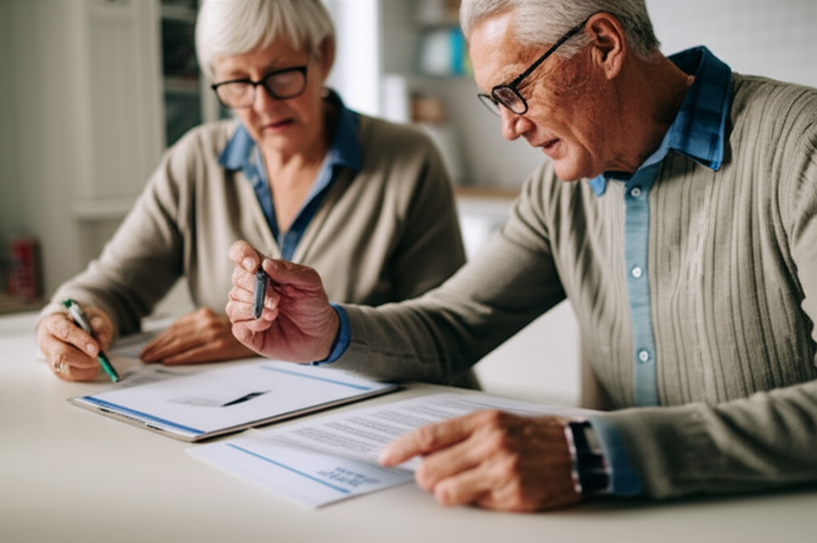 Two seniors reviewing Medicare and health plan paperwork together at their kitchen table