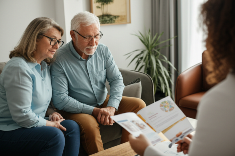 Older couple reviewing health insurance brochures at home, consulting with a licensed advisor