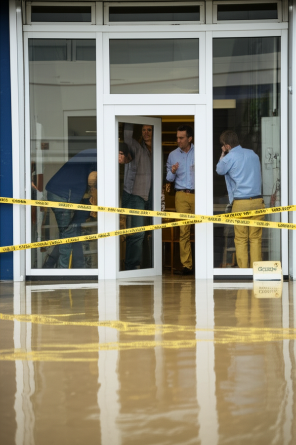 Flooded storefront with caution tape across the entrance and staff looking at damage.