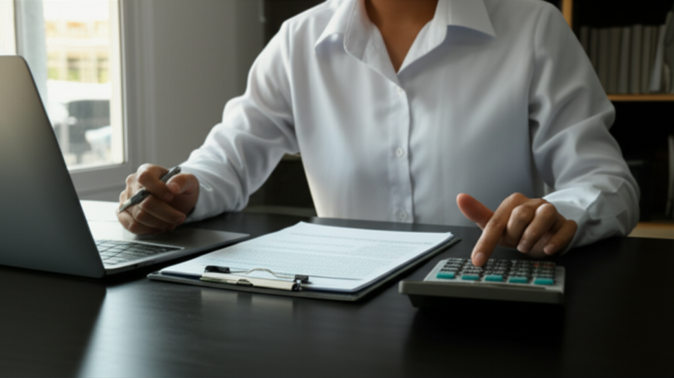 Insurance agent reviews business policy forms at a modern desk, with a calculator and laptop nearby.