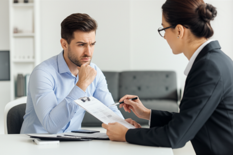 A worried shop owner reviews documents with a claims adjuster in a bright office.