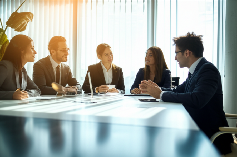 A group of business people meet with an insurance advisor at a sunlit office table.