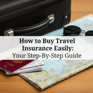 feature image for the blog with the blog title included. Title: How to Buy Travel Insurance Easily: Your Step-By-Step Guide. Ensure the text is accurate and error-free