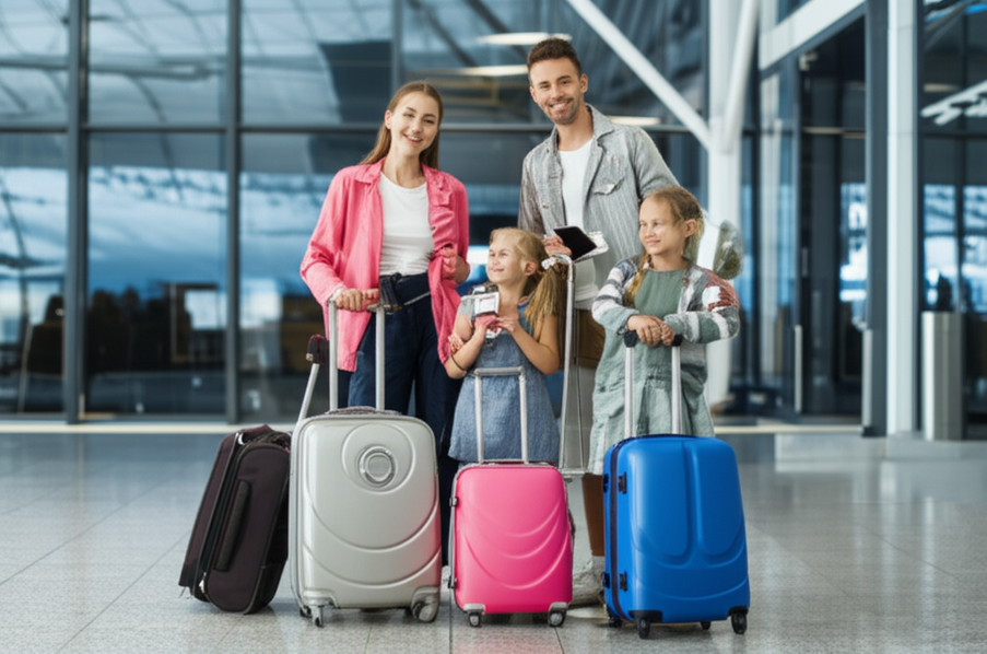 A happy family at an airport with their luggage and paperwork ready, about to depart on a trip
