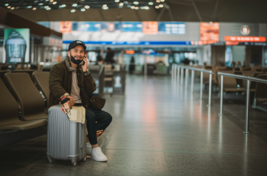 A traveler calling customer service while holding lost baggage claim forms in an airport