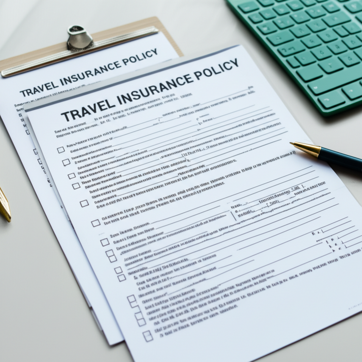 Travel insurance policy documents, a checklist, and a pen on a clean table