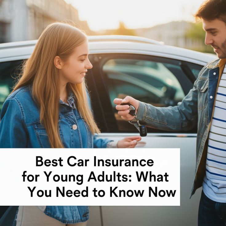 feature image for the blog with the blog title included. Title: Best Car Insurance for Young Adults: What You Need to Know Now. Ensure the text is accurate and error-free