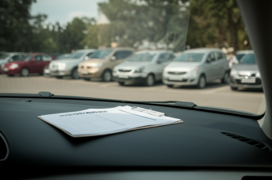 Car parked in a college parking lot with insurance papers visible on the dashboard