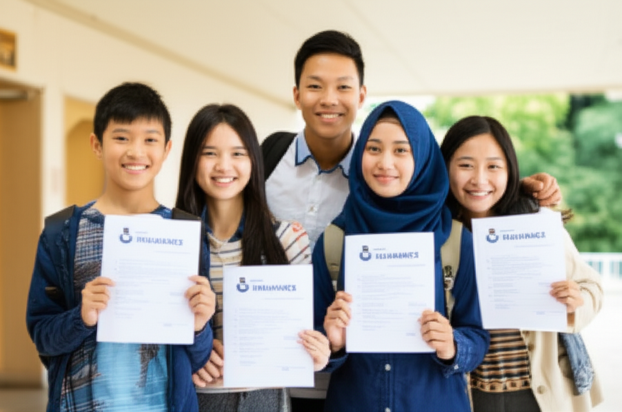 Students holding report cards and smiling with insurance documents
