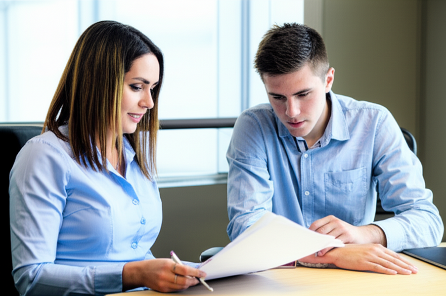 Car insurance agent sitting with a college-aged driver and reviewing policy documents together