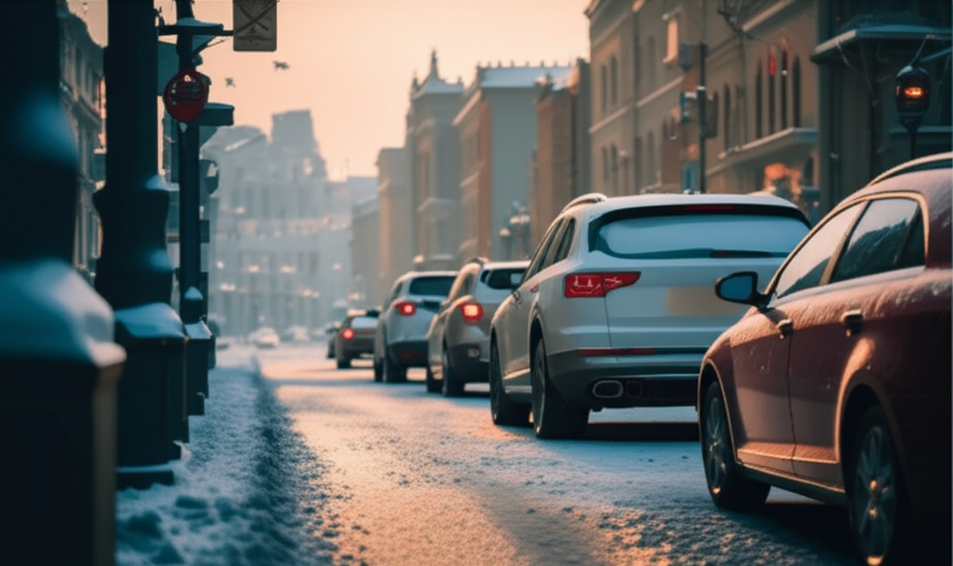 Photo of cars with snow and ice, a city in the background, early morning