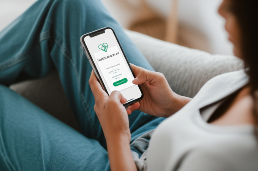 Smiling young adult using a health insurance mobile app from their living room