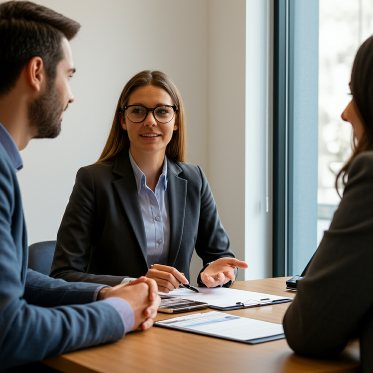 Insurance agent explaining plan differences to a couple in an office
