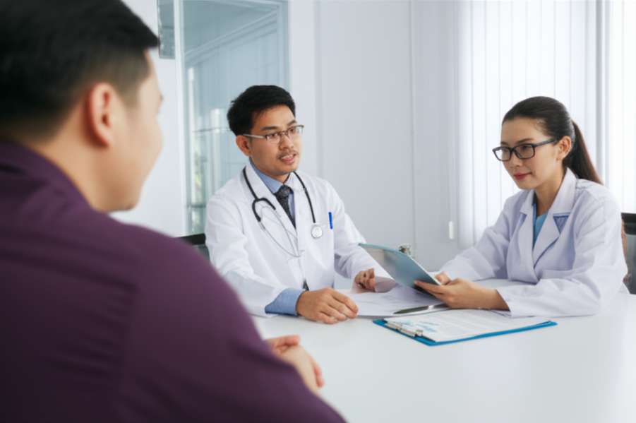 Doctor discussing health insurance card options with a patient in a clinic