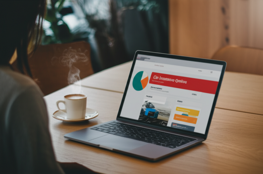 Photo of a person comparing car insurance quotes on a laptop, coffee nearby