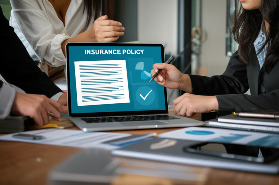 Two small business owners reviewing digital insurance policy documents on a laptop