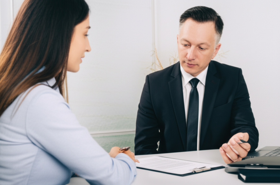 Agent explaining policy details to a contractor in a small office setting