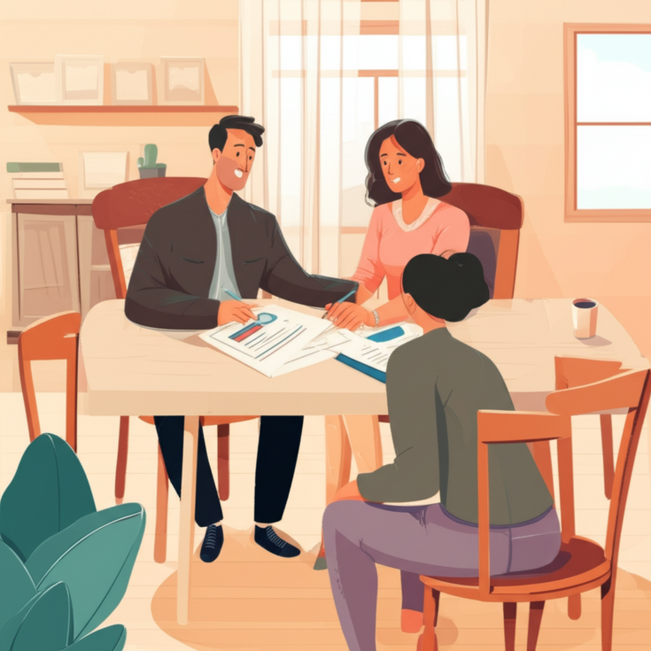 Illustrative photo of a couple meeting with an insurance agent at home