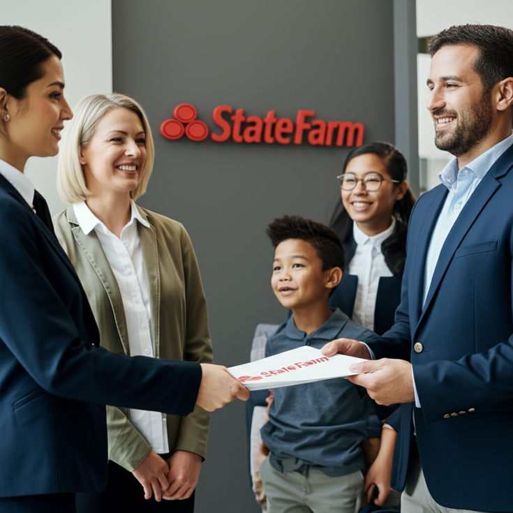 Photo of State Farm agent handing policy documents to a young family
