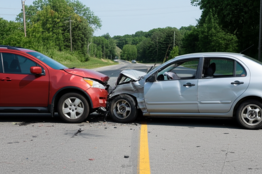 Car accident with two vehicles, airbags deployed, daylight, no people visible