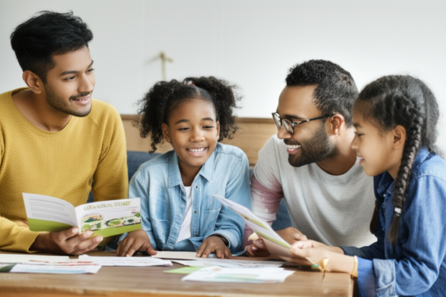 Family considering different private health insurance plan brochures