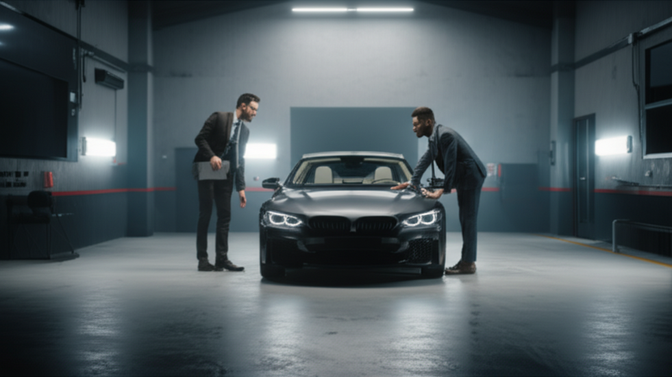 Insurance agent inspecting a luxury car in a modern garage