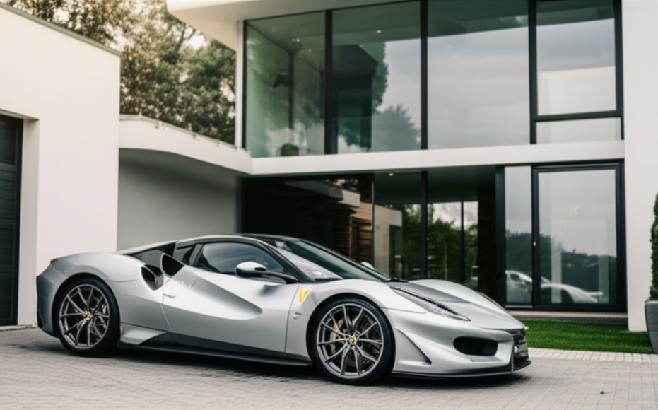 New high-end sports car parked in front of a luxury home