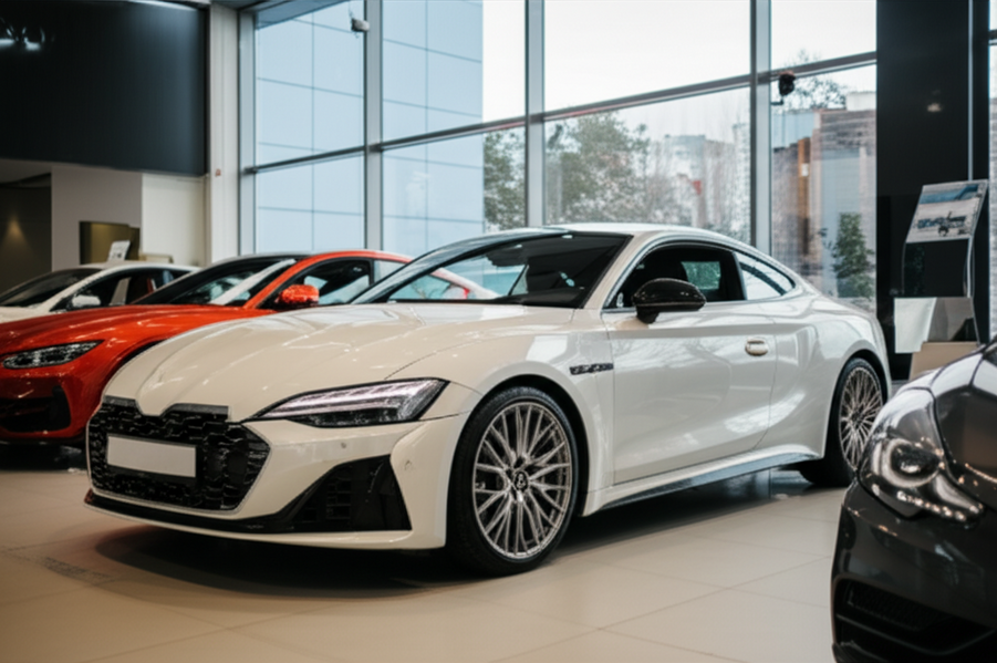 Luxury sports coupe inside a high-end dealership showroom