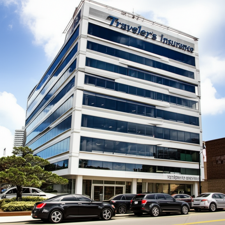 Travelers insurance office with luxury cars parked outside
