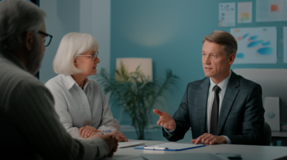 Insurance advisor explaining policy details to senior client in a bright office