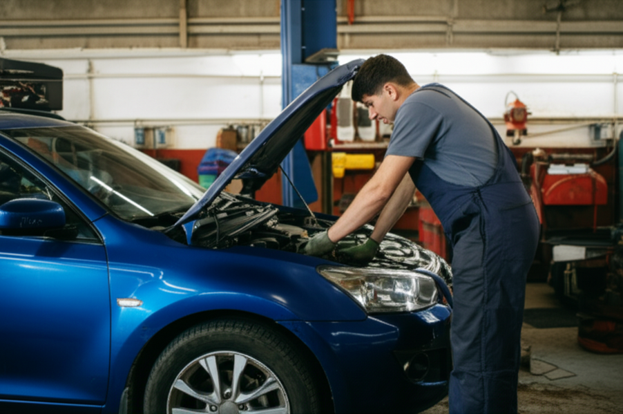 Photo of an auto repair garage with a mechanic inspecting a blue car
