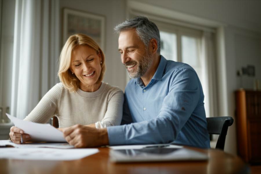Smiling middle-aged couple reviewing life insurance documents at home
