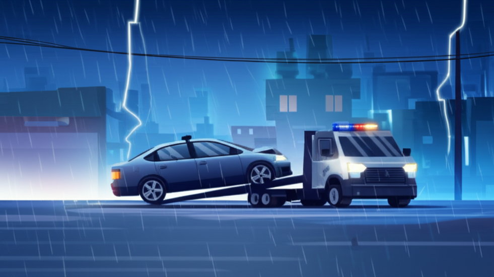 Car parked on street gets towed after accident, police car lights flashing in stormy weather