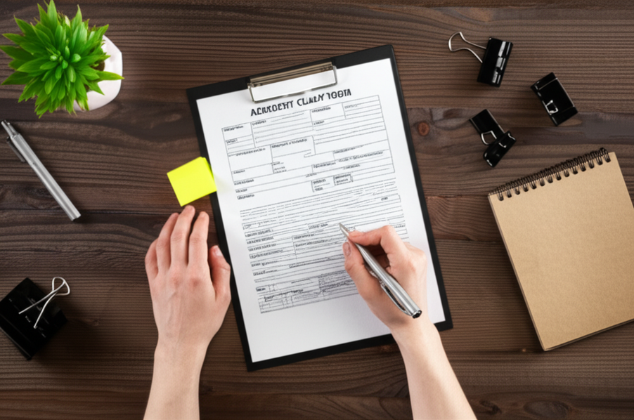 Top view of a person filling out an auto insurance accident claim form at a home office desk