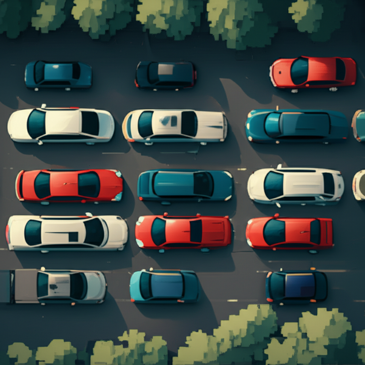 Parked cars in different models and sizes on a city street, viewed from above.