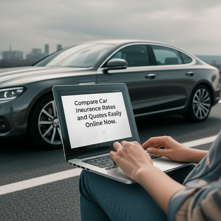 feature image for the blog with the blog title included. Title: Compare Car Insurance Rates and Quotes Easily Online Now. Ensure the text is accurate and error-free