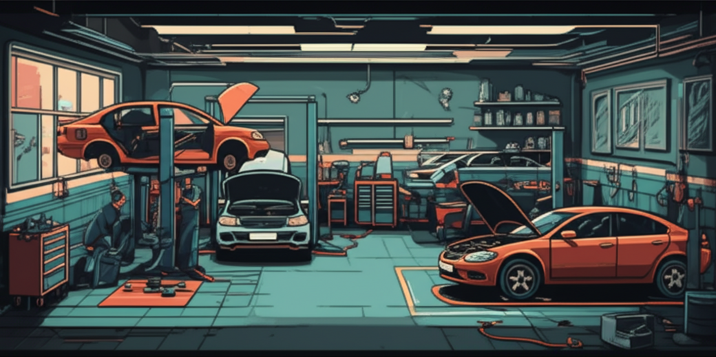 Vehicle repair shop with cars undergoing inspection and work by mechanics.