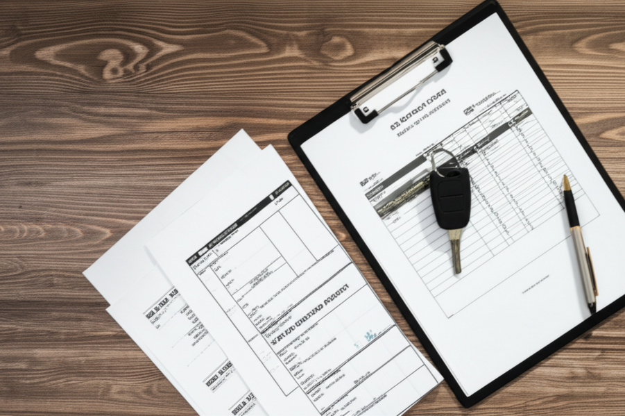 Documents, car registration papers, and keys laid out on a clean wooden table.
