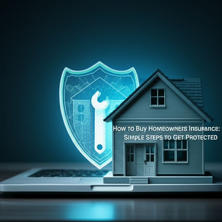 feature image for the blog with the blog title included. Title: How to Buy Homeowners Insurance: Simple Steps to Get Protected. Ensure the text is accurate and error-free