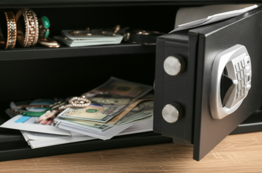 Organized wall safe in a home displaying valuables and policy documents