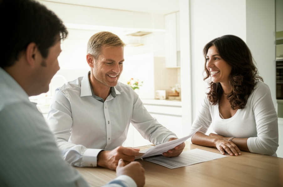 Smiling insurance agent explaining policy options to a couple sitting at a kitchen table