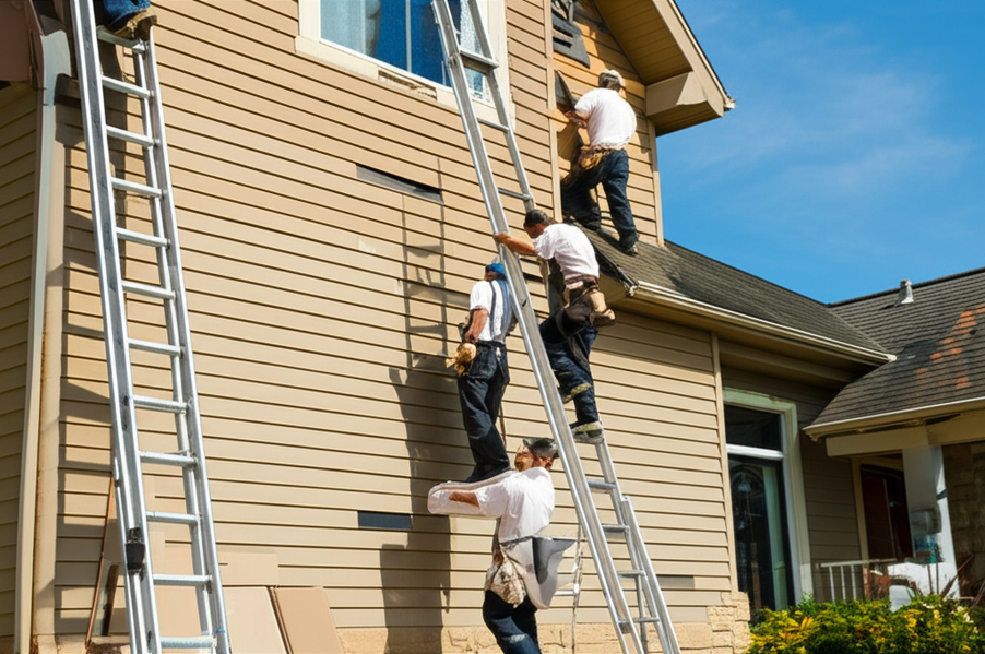Contractor crew starting repairs on a storm-damaged home exterior