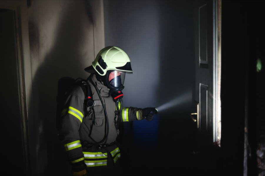 Firefighter inspecting a home after a small fire