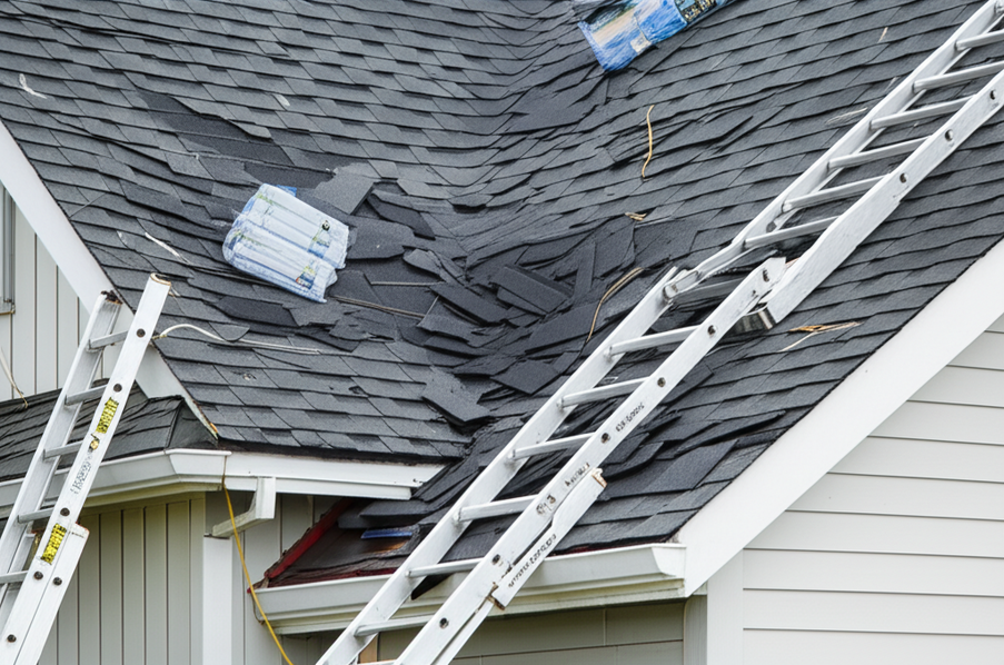 Photo of storm damage to a home’s roof with repair equipment nearby.