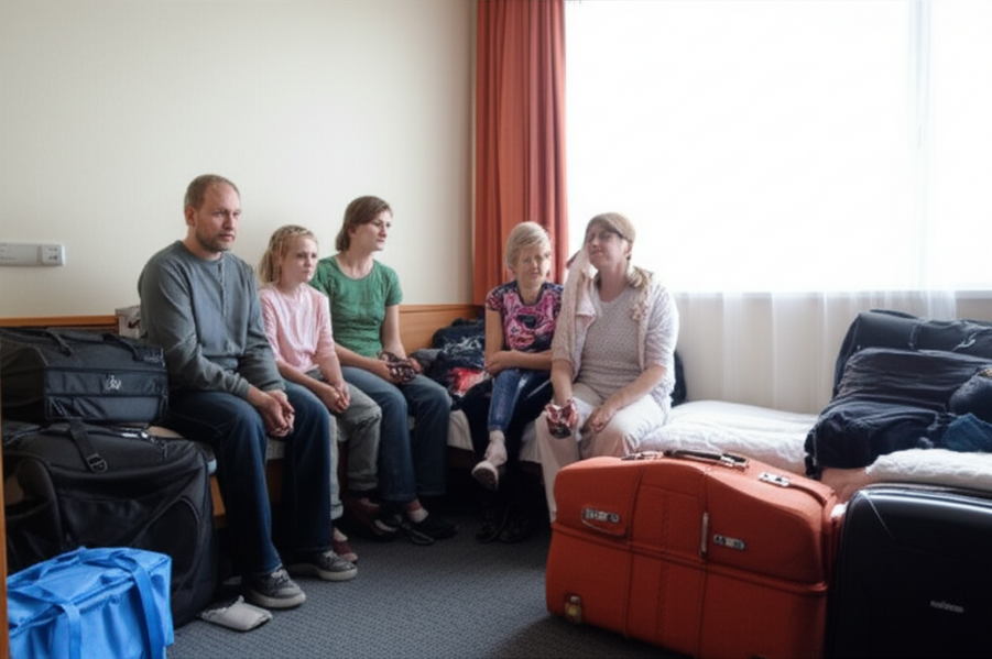 Photo of a family temporarily staying at a hotel after home damage.