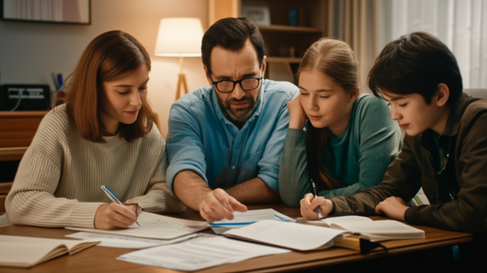 Family reviewing their insurance policy at home together, making notes.