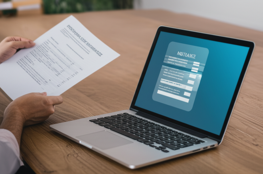 Photo of a person using a laptop to review documents and insurance websites.