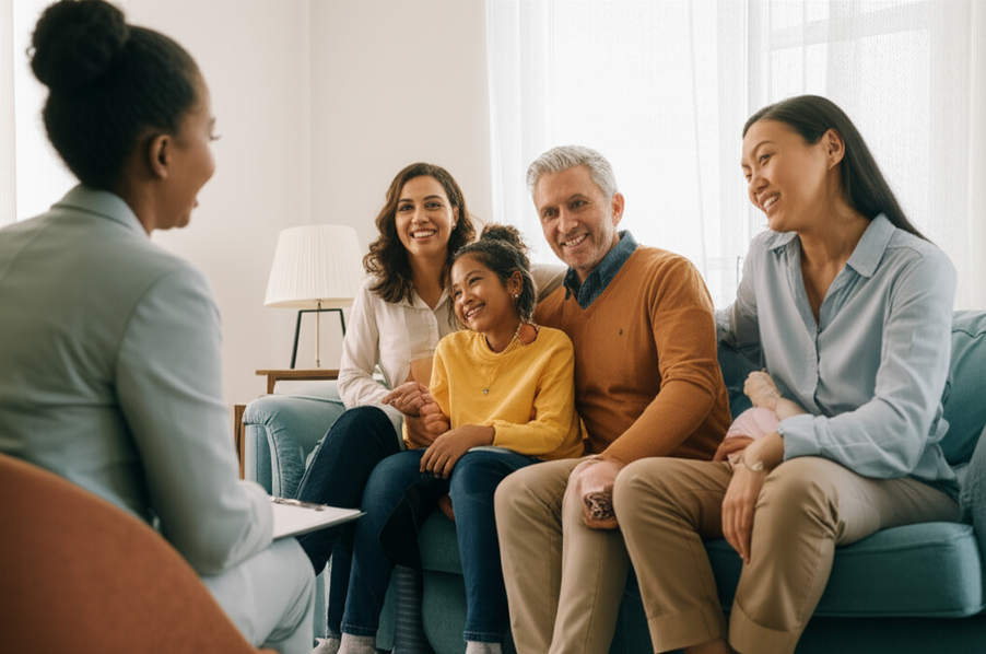 Photo of an agent meeting with a family in a cozy living room.