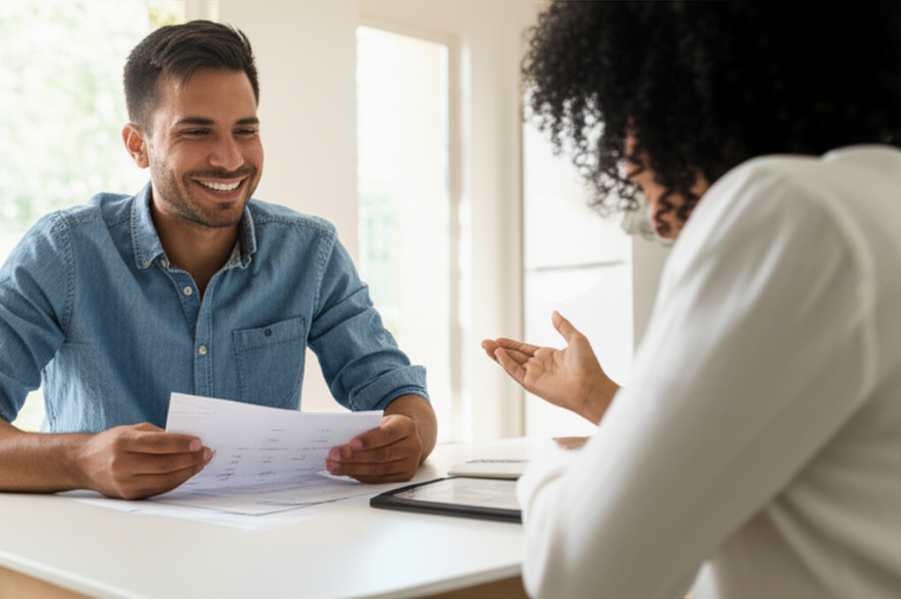Photo of a happy couple discussing finances at the kitchen table.