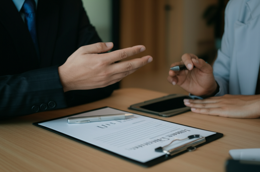 Photo of an insurance advisor explaining policy features in an office setting.